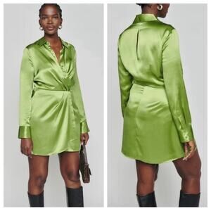 reformation - NWT alaine silk dress mini wrap buttons collar shirtdress green